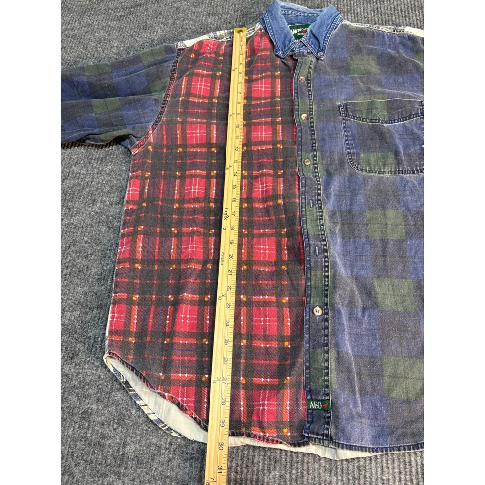Vintage American Eagle Patchwork Plaid Flannel Shirt Mens Large Multi Color AEO - Picture 3 of 6